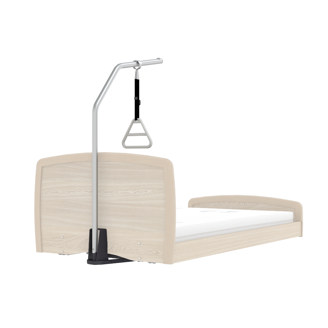 A light wood Accora Empresa bed with a white mattress, viewed from the foot, is fitted on the left with a Trapeze Self-Assist Pole for Accora Beds and its triangular handle to aid with mobility.