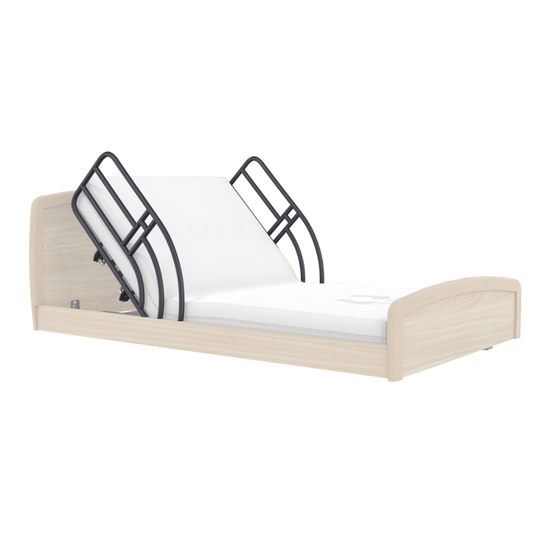 The Accora Empresa® Full Electric Bariatric FloorBed® features a wooden frame, raised metal side rails, and a white mattress. Its adjustable head section and flat foot provide comfort and safety in a modern design.