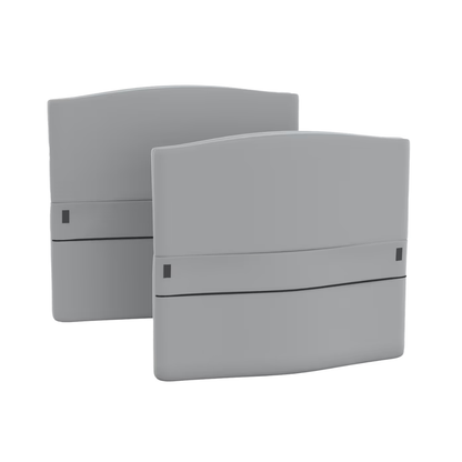 Two gray rectangular plastic Bumpers for Head & Footboards for Accora FloorBed feature curved tops, horizontal indents, and a small black square near the top left, designed to enhance fall prevention. The background is white.