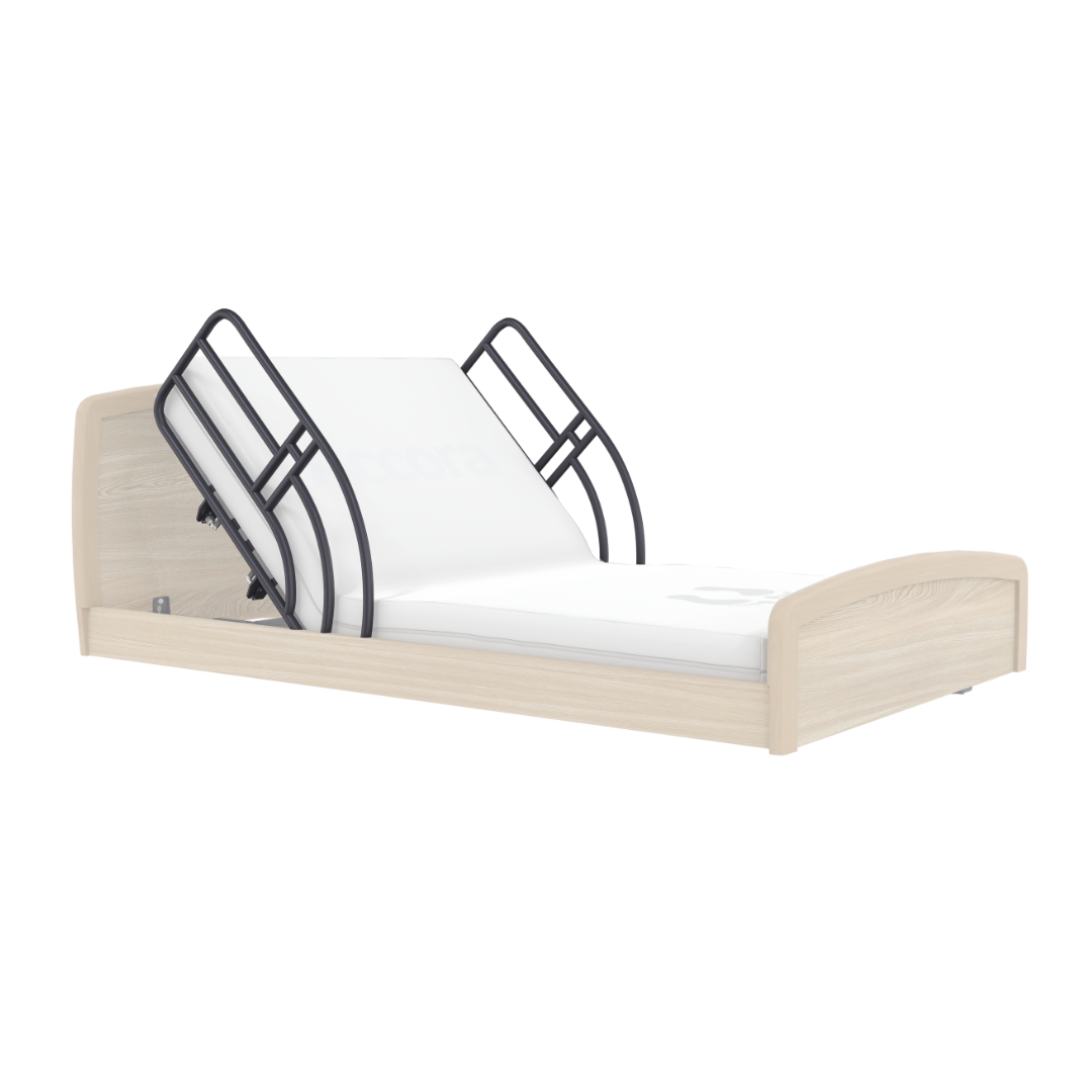 The Long Assist Bar Side Rails for Accora Empresa Beds are black metal rails designed to assist with repositioning and provide added support when used with adjustable hospital beds.