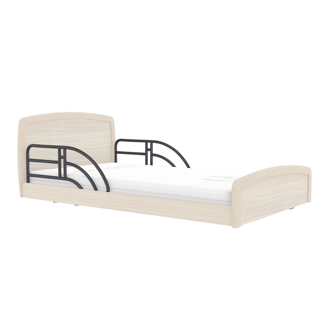 A single hospital bed features Long Assist Bar Side Rails for Accora Empresa Beds, a light wood headboard and footboard, white mattress, and black metal side rails, displayed against a plain white background.