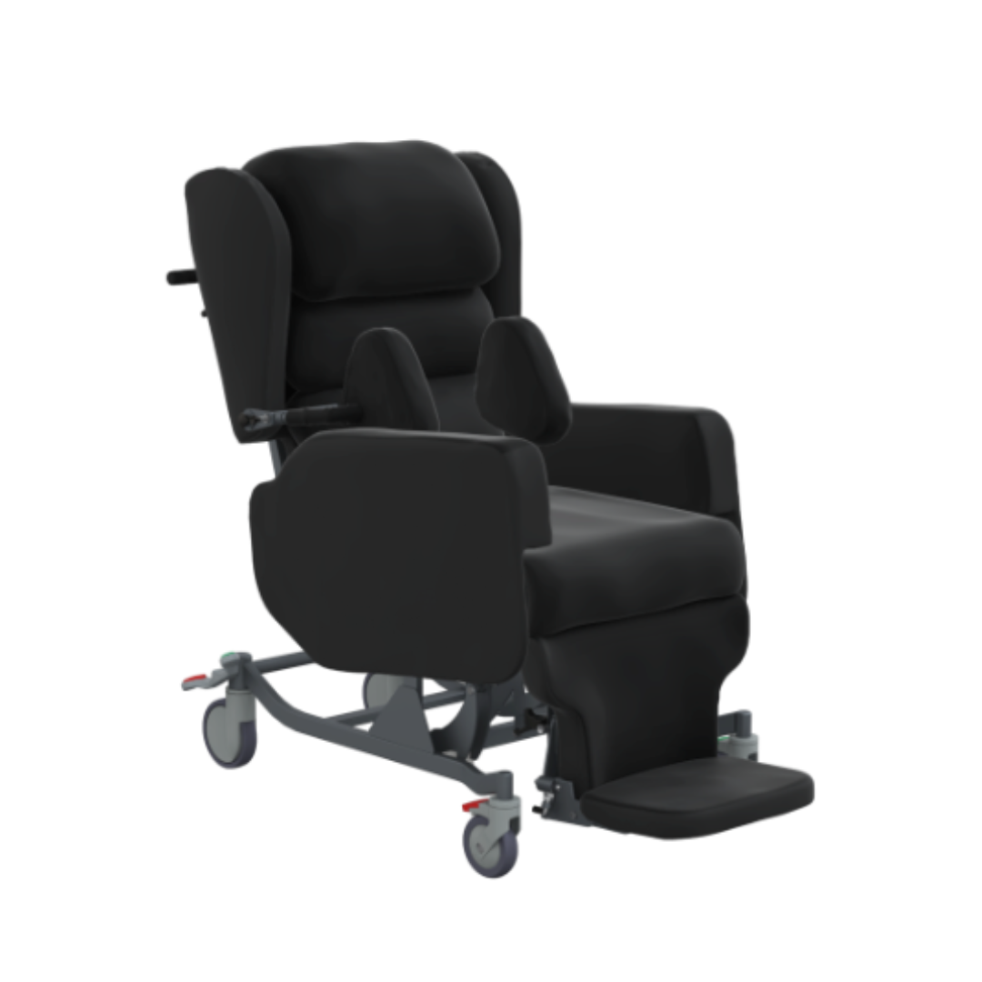 The Accora Configura® Advance Postural Tilt Chair is a black padded chair with side supports, adjustable armrests, leg rest, and wheels for easy transport, offering adaptable comfort and mobility support for patients.