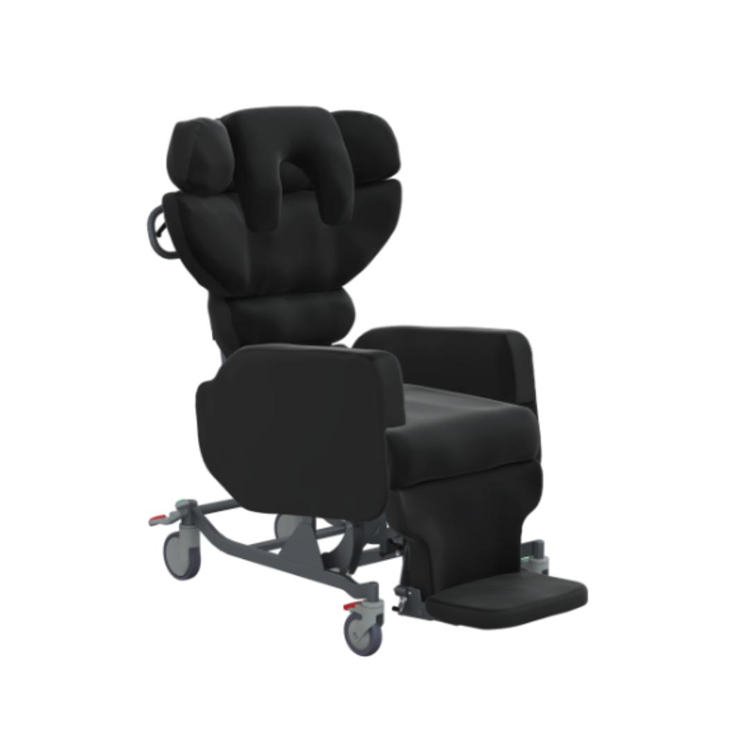 The Accora Configura® Advance Postural Tilt Chair is a black medical recliner with padded supports, headrest, adjustable footrest, and wheels for mobility, designed to provide adaptable postural care and patient comfort.