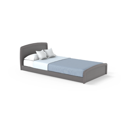 The Accora Empresa® Full Electric Bariatric FloorBed® is shown in gray with a curved headboard and footboard, dressed in a light blue striped blanket and two white pillows, against a white background.
