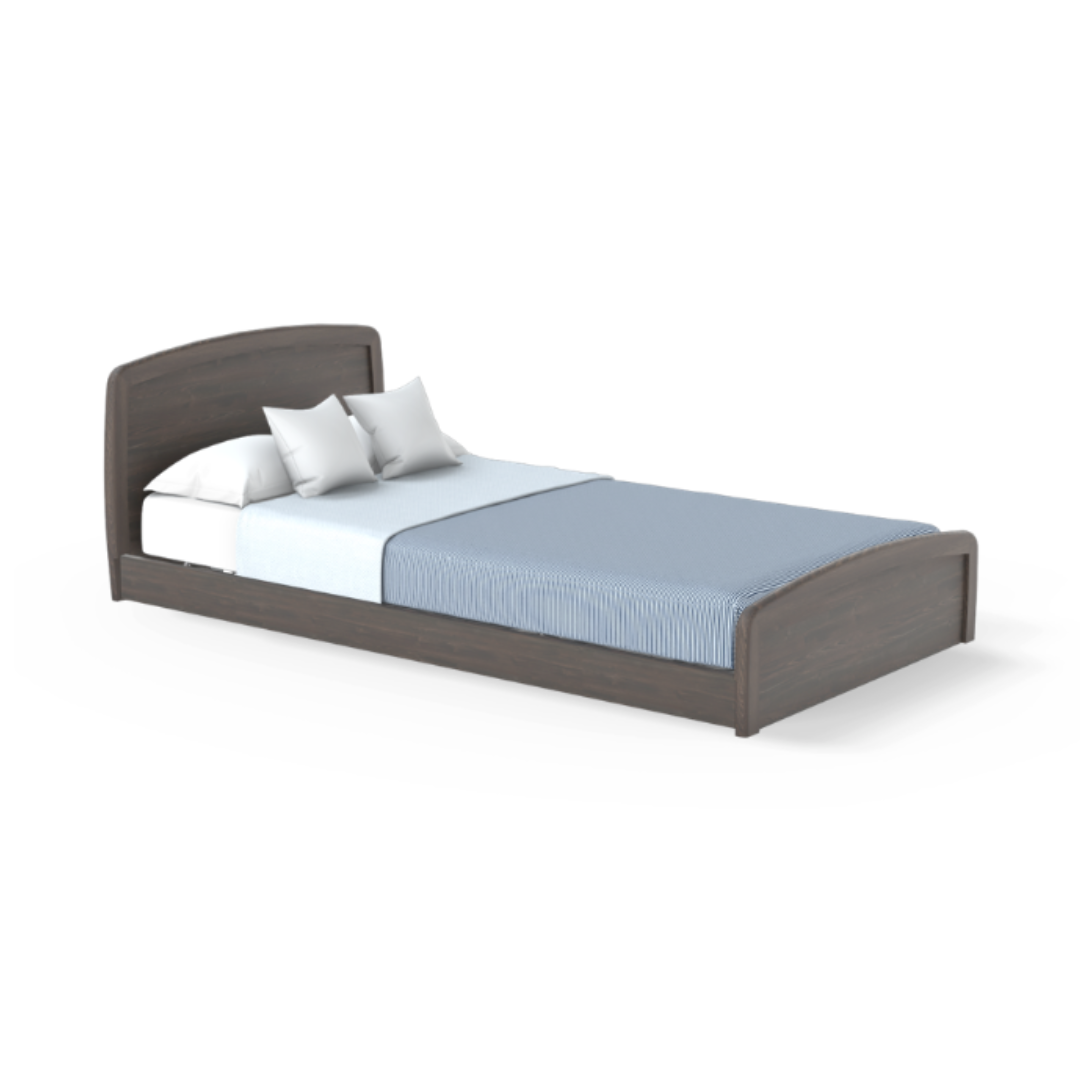 The Accora Empresa® Full Electric Bariatric FloorBed® features a dark wooden frame, curved headboard, pale blue striped blanket, white sheet, and two white pillows—ideal for fans of clean lines and minimalist style.