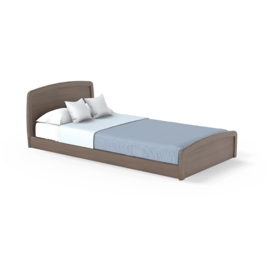 The Accora Empresa® Full Electric Bariatric FloorBed® features a curved headboard and footboard, light blue blanket, white sheets, and two white pillows—offering elegant simplicity with clean lines.
