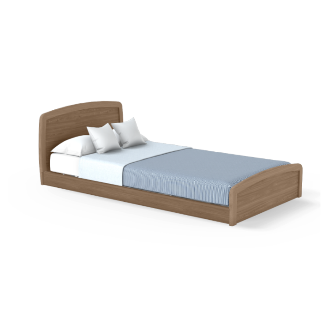 The Accora Empresa® Full Electric Bariatric FloorBed® features a wooden frame with a curved headboard and footboard, dressed in light blue bedding and two white pillows, blending style and comfort for any bedroom setting.