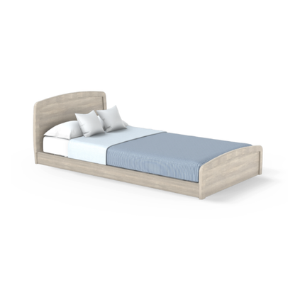 The Accora Empresa® Full Electric Bariatric FloorBed® features a light wood frame, curved headboard and footboard, blue striped blanket, white sheet, and two pillows, set against a plain white background.