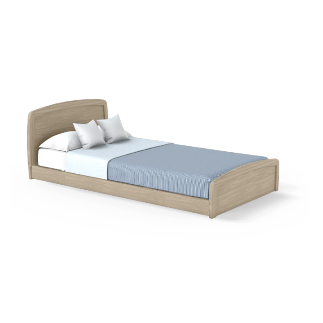 The Accora Empresa® Full Electric Bariatric FloorBed® is shown with white pillows, a crisp white sheet, and a light blue striped blanket, all set against a plain white background.