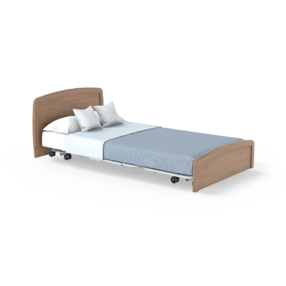 The Accora Empresa® Full Electric Bariatric FloorBed® features a wooden headboard and footboard, blue striped bedding, white sheets, two white pillows, and bed frame wheels, shown on a white background with simple CSS styling.