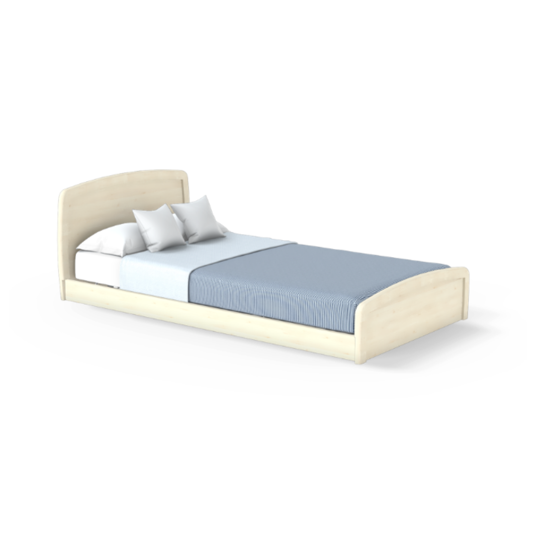 The Accora Empresa® Full Electric Bariatric FloorBed® features a light wood frame with curved headboard and footboard, two white pillows, crisp white sheets, and a light blue textured blanket, showcased against a minimalist white background.