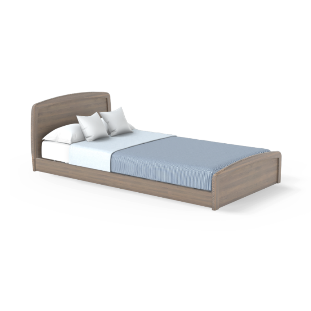 The Accora Empresa® Full Electric Bariatric FloorBed® is shown with a curved headboard and footboard, dressed in a blue striped blanket, white sheets, and three white pillows on a white background.