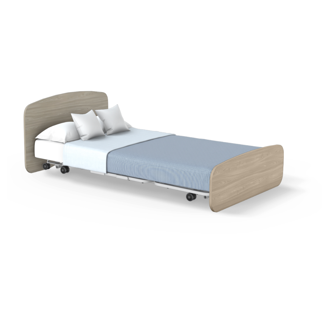 The Accora Empresa® Full Electric Bariatric FloorBed® features a light wood headboard and footboard, blue bedding, white fitted sheet, two white pillows, wheels for mobility, and a modern design—perfect for comfort in healthcare settings.