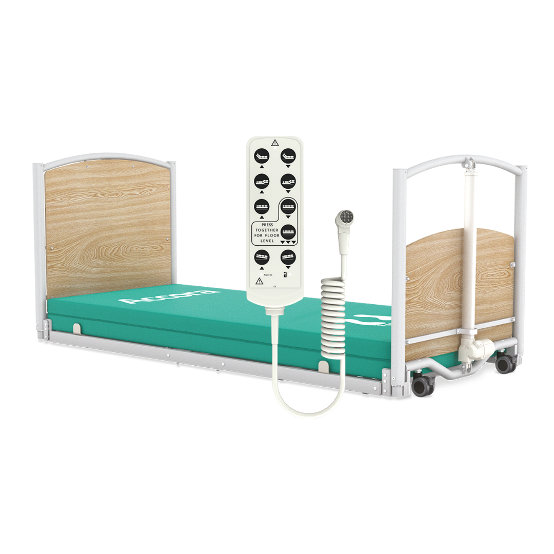 The Accora FloorBed® Ultra Low Full Electric Homecare Bed features wooden head and foot panels, a green mattress, and an attached white remote for easy position adjustments—designed for enhanced safety and comfort.