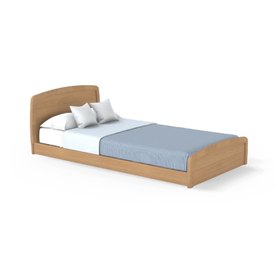 The Accora Empresa® Full Electric Bariatric FloorBed® is displayed on a white background featuring a sturdy wooden frame, a curved headboard and footboard, neatly arranged with a blue striped blanket, white sheets, and two white pillows.