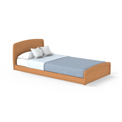 The Accora Empresa® Full Electric Bariatric FloorBed® offers a sleek, modern design with a curved headboard and footboard. It comes with a light blue blanket, white sheets, and three white pillows—ideal for minimalist bedrooms.