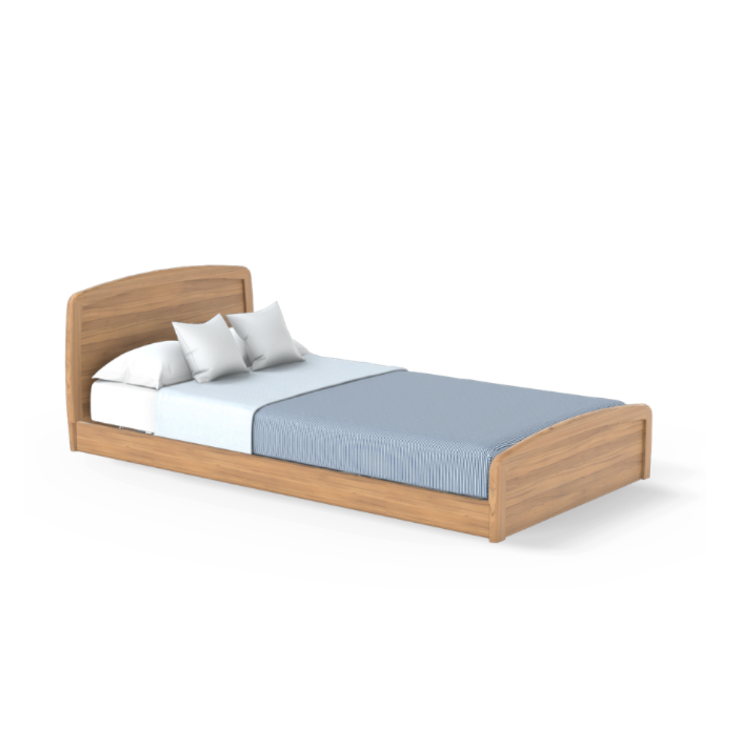 The Accora Empresa® Full Electric Bariatric FloorBed® is shown on a white background. It features a wooden single frame with curved headboard and footboard, dressed in white pillows, a white sheet, and a light blue striped blanket.