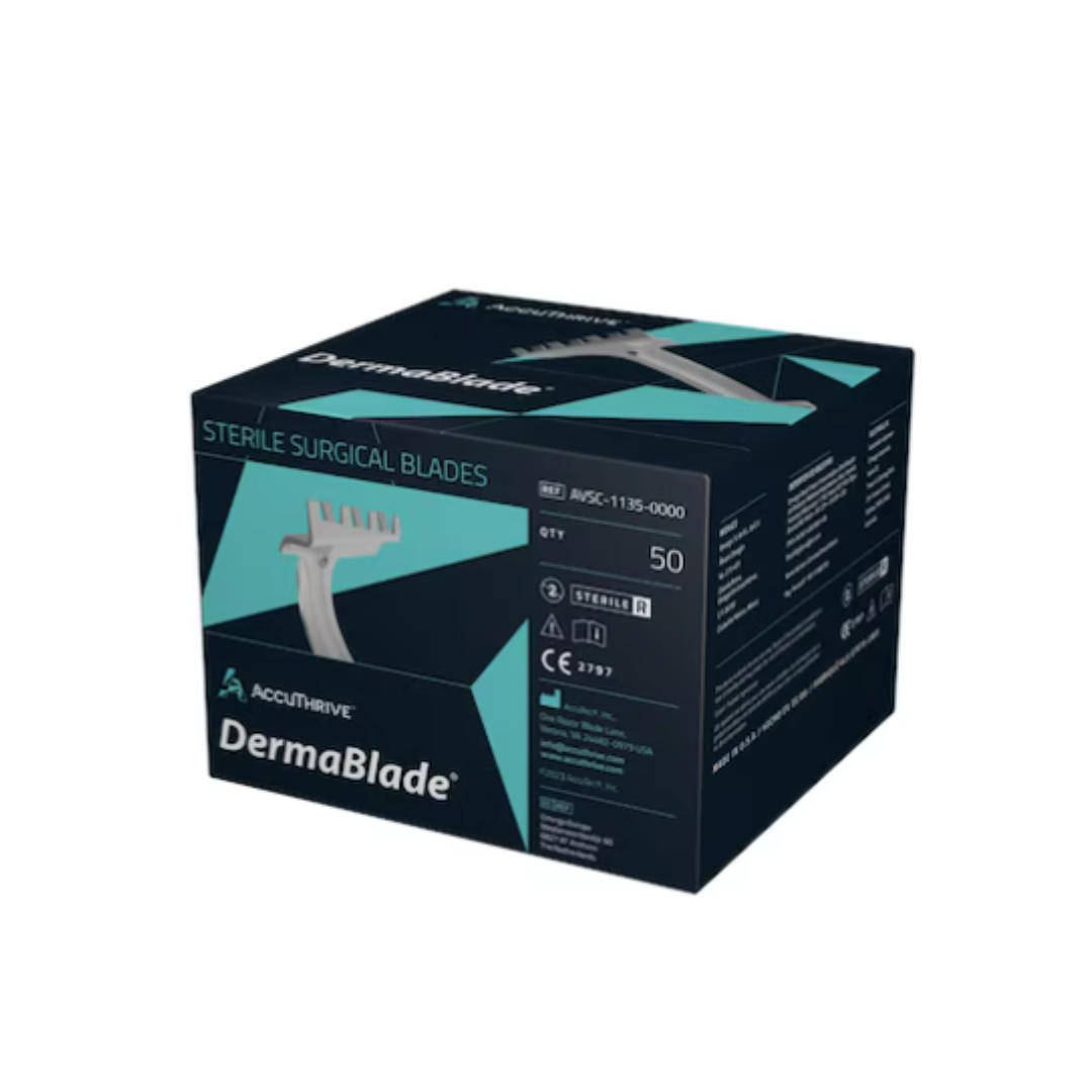 A box of AccuThrive DermaBlade Stainless Steel Biopsy Blades, 50-count, in teal and black packaging featuring an image of the instrument on the front.