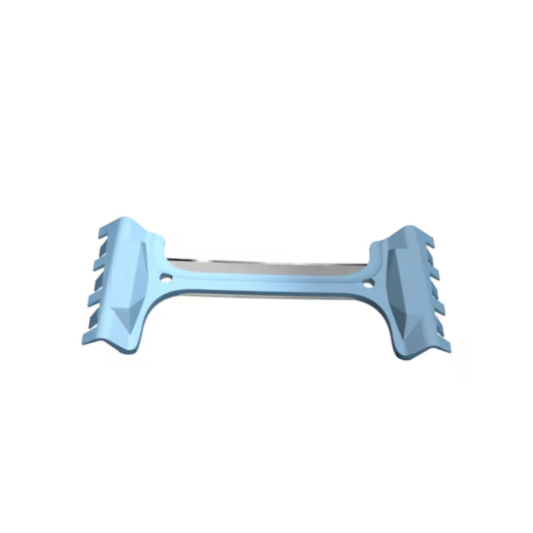 A light blue plastic muscle roller with textured grips and a flat central bar, inspired by the sleek design of the AccuThrive DermaBlade Stainless Steel Biopsy Blade, is shown against a white background.
