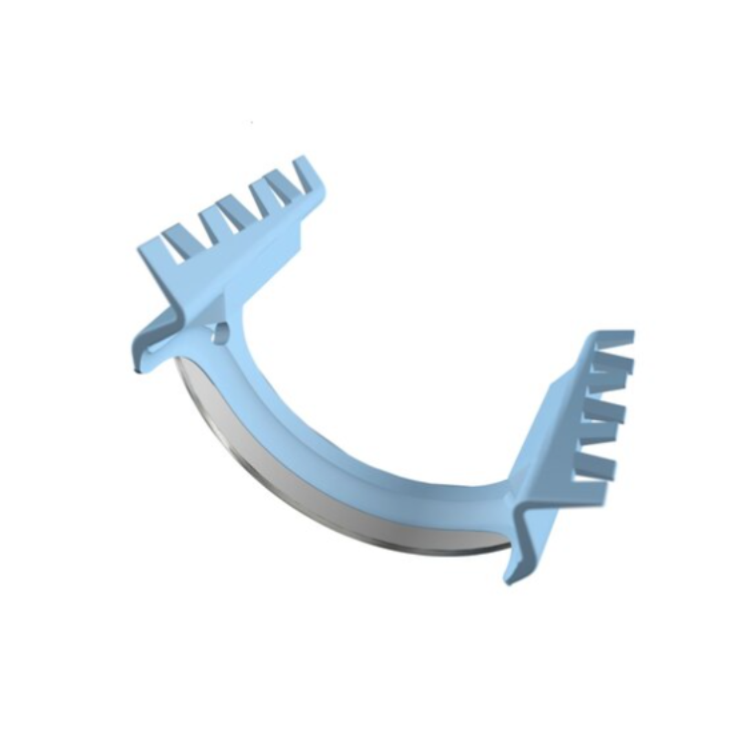 A blue plastic dental cheek retractor and an AccuThrive DermaBlade Stainless Steel Biopsy Blade are displayed on a white background. The retractor features curved edges and comb-like ends for holding the mouth open during dental procedures.
