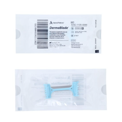 A packaged AccuThrive DermaBlade Stainless Steel Biopsy Blade displays product details on the unopened wrapper, with the blue-handled stainless steel blade visible through a transparent section.