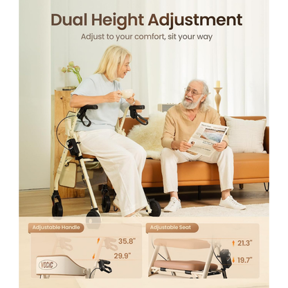 A woman adjusts a VOCIC Z63 Adjustable Speed Rollator Walker with Slow-Down Brakes next to a smiling man holding a newspaper on the sofa. Insets highlight the lightweight rollator’s adjustable handle and seat, featuring labeled height measurements.