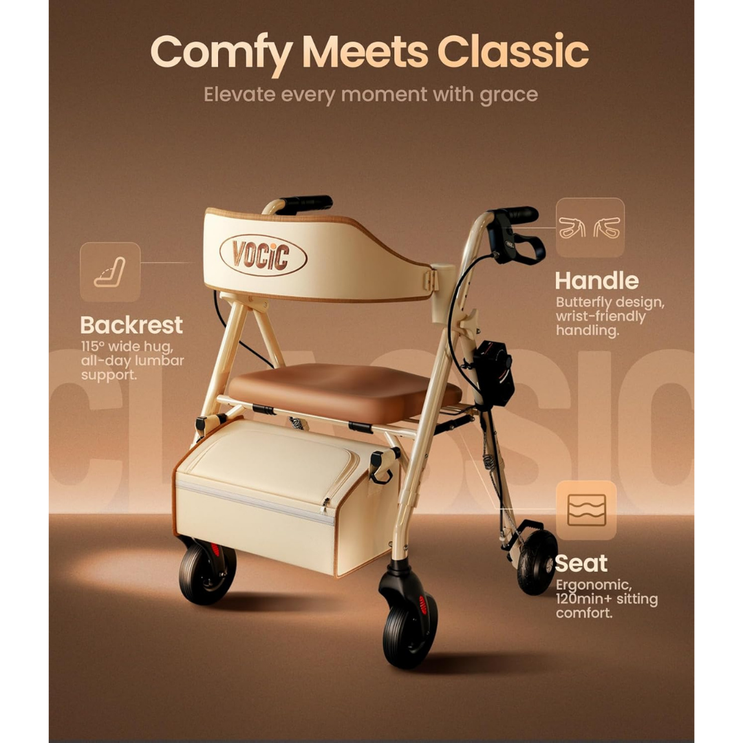 An Adjustable Speed Rollator Walker with Slow-Down Brakes | VOCIC Z63 in beige and brown is displayed, featuring a wide backrest, ergonomic seat, and butterfly-style handles. Text emphasizes its lumbar support, wrist-friendly handles, and 120-minute sitting comfort—making this lightweight rollator an ideal companion for daily use.