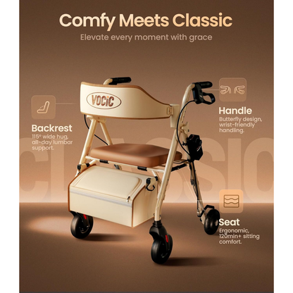 An Adjustable Speed Rollator Walker with Slow-Down Brakes | VOCIC Z63 in beige and brown is displayed, featuring a wide backrest, ergonomic seat, and butterfly-style handles. Text emphasizes its lumbar support, wrist-friendly handles, and 120-minute sitting comfort—making this lightweight rollator an ideal companion for daily use.