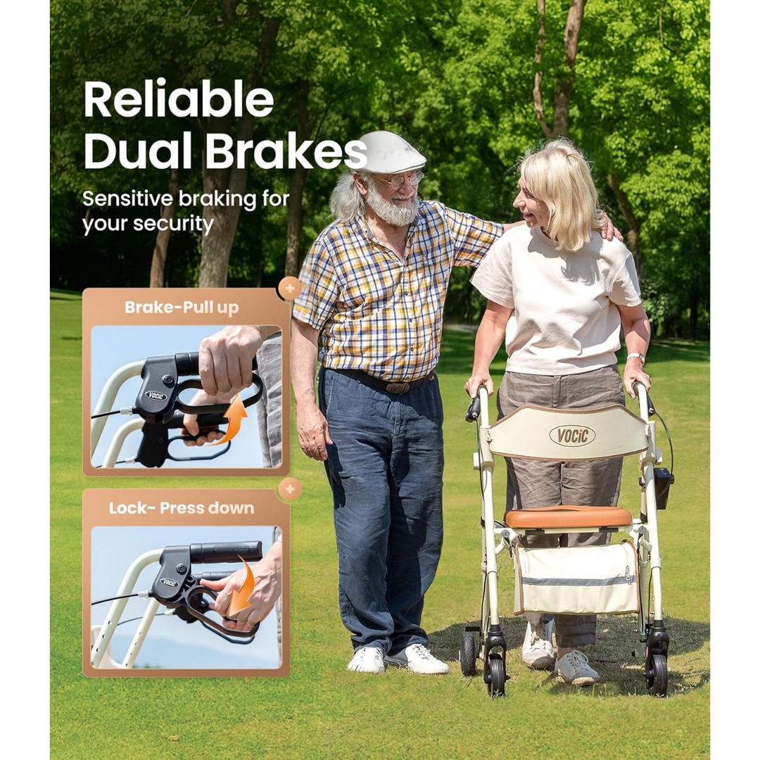 An older man and woman stand outside on the grass; she uses the VOCIC Z63 Adjustable Speed Rollator Walker with Slow-Down Brakes. Inset images demonstrate how to operate the walker’s brakes and lock, accompanied by text: Reliable Dual Brakes. Sensitive braking for your security.
