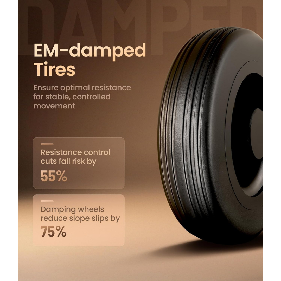A close-up of a black tire features text highlighting EM-damped tires, noting that resistance control cuts fall risk by 55% and damping wheels reduce slope slips by 75%. Perfect for use with the Adjustable Speed Rollator Walker with Slow-Down Brakes | VOCIC Z63, this lightweight walker offers enhanced safety on every terrain.