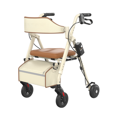 Introducing the Adjustable Speed Rollator Walker with Slow-Down Brakes | VOCIC Z63: this beige folding walker rollator features four wheels, a brown seat, padded backrest, storage compartment beneath the seat, and ergonomic handles with integrated brakes. Lightweight and designed for comfort and convenience, it provides added safety wherever you go.