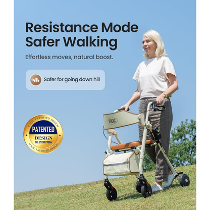 Here’s a rewritten sentence using the provided product data: An older woman uses the VOCIC Z63 Adjustable Speed Rollator Walker with Slow-Down Brakes as she walks on a grassy hill beneath a clear blue sky. Feature callouts highlight Resistance Mode and Safer Walking, emphasizing how downhill movement is made easier with the Z63’s patented design.