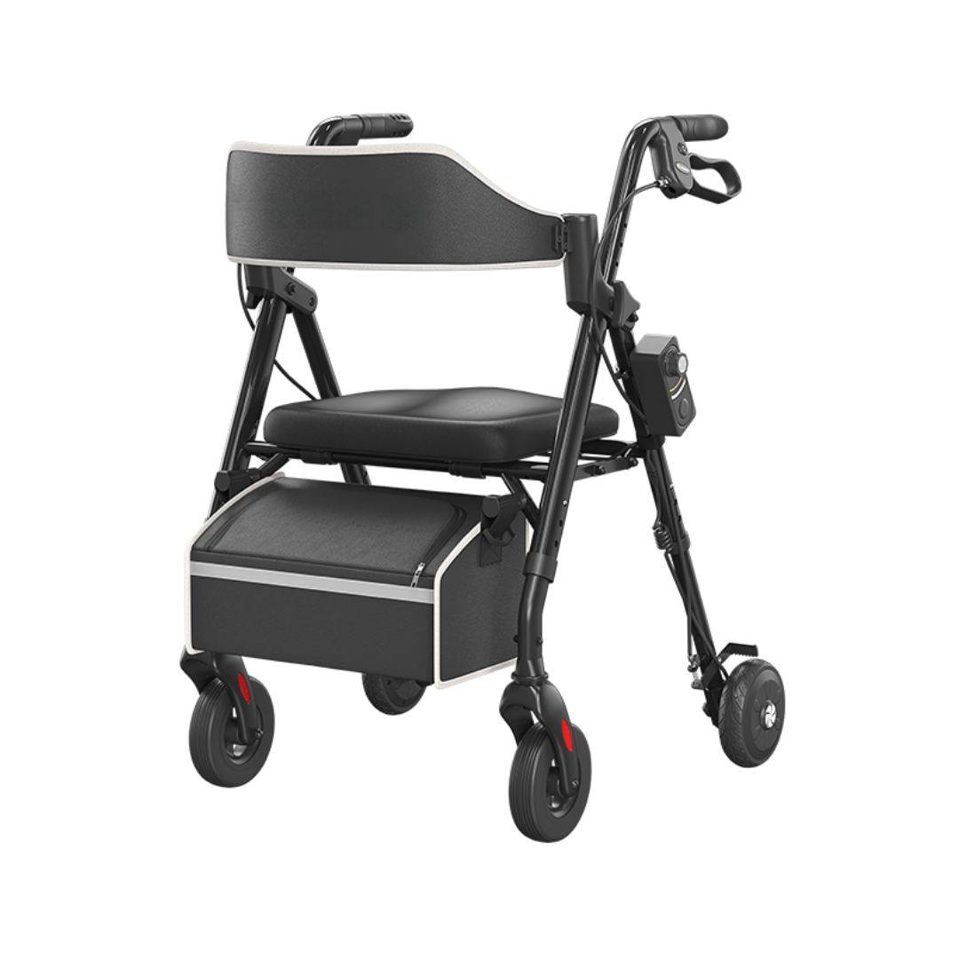 The Adjustable Speed Rollator Walker with Slow-Down Brakes | VOCIC Z63 is a lightweight, foldable mobility aid equipped with a padded seat, storage compartment under the seat, four wheels, and ergonomic handles. This rollator walker, adjustable for speed, is shown photographed against a white background.