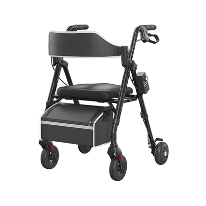 The Adjustable Speed Rollator Walker with Slow-Down Brakes | VOCIC Z63 is a lightweight, foldable mobility aid equipped with a padded seat, storage compartment under the seat, four wheels, and ergonomic handles. This rollator walker, adjustable for speed, is shown photographed against a white background.
