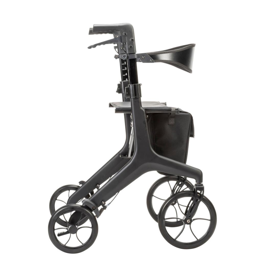 The Drive AeroCarbon Ultra-Lite Rollator is a modern, ultra-lightweight walker with four large wheels, ergonomic handles, a seat, and an underseat storage bag, shown from the side against a white background.