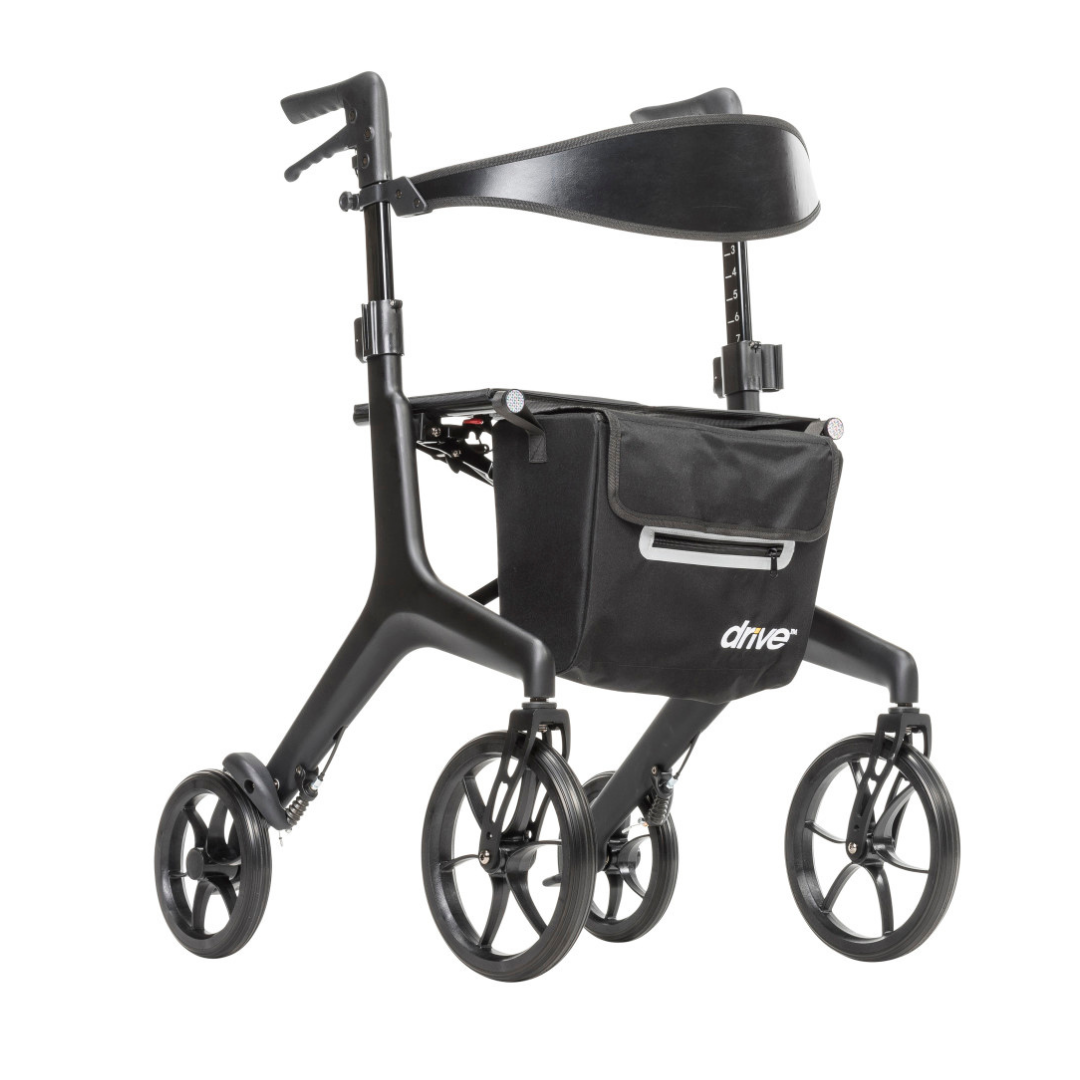 The Drive AeroCarbon Ultra-Lite Rollator is a modern black rollator with a curved backrest, padded seat, compact foldable design, storage pouch labeled "drive," and sturdy frame—perfect for sleek and convenient mobility assistance.
