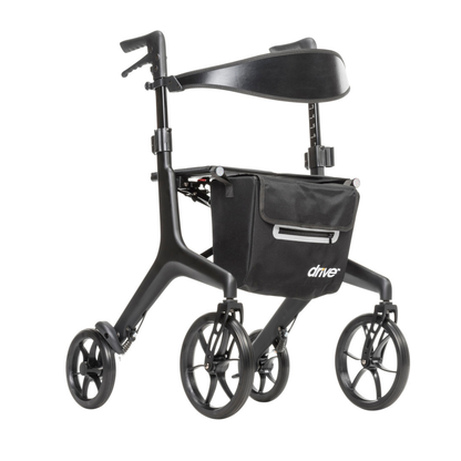 The Drive AeroCarbon Ultra-Lite Rollator is a modern black rollator with a curved backrest, padded seat, compact foldable design, storage pouch labeled "drive," and sturdy frame—perfect for sleek and convenient mobility assistance.