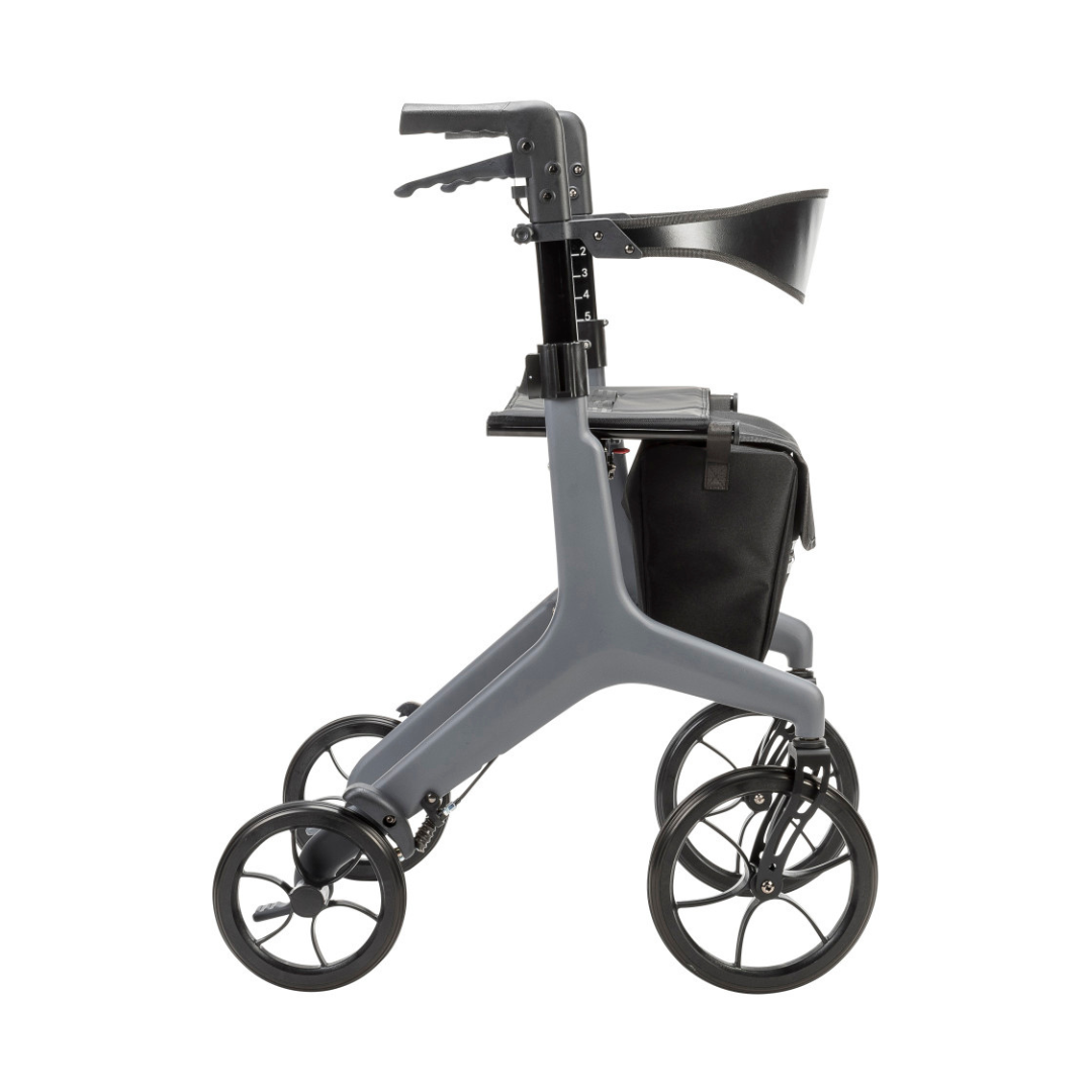 The Drive AeroCarbon Ultra-Lite Rollator is a modern, ultra-lightweight walker with four large wheels, ergonomic handles, and a black storage bag, shown from the side on a white background.