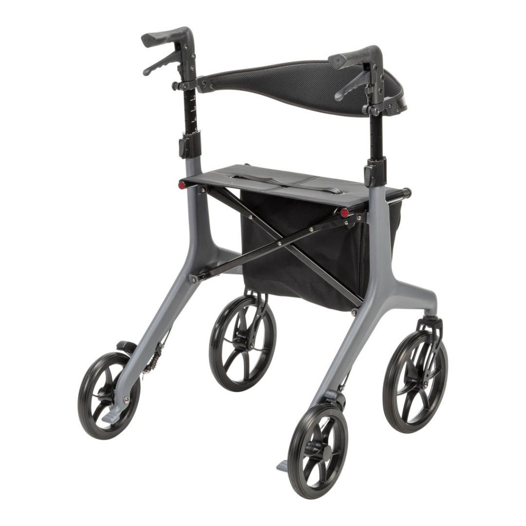 The Drive AeroCarbon Ultra-Lite Rollator is a modern gray walker featuring four large black wheels, ergonomic handles, a fabric seat, and an under-seat storage bag.