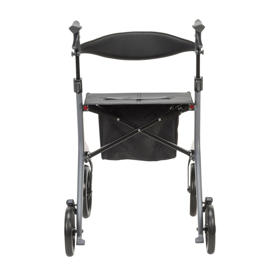 The Drive AeroCarbon Ultra-Lite Rollator is shown from the front, featuring four wheels, a seat, backrest, and an under-seat storage pouch against a white background.