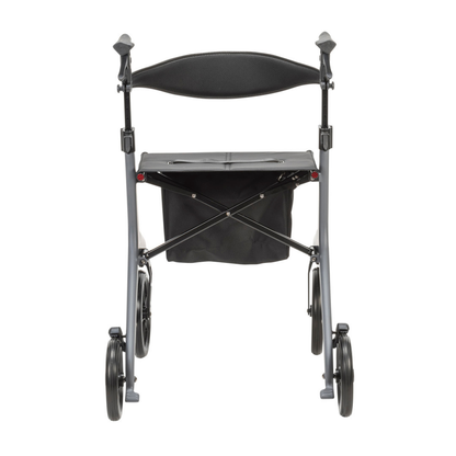 The Drive AeroCarbon Ultra-Lite Rollator is shown from the front, featuring four wheels, a seat, backrest, and an under-seat storage pouch against a white background.