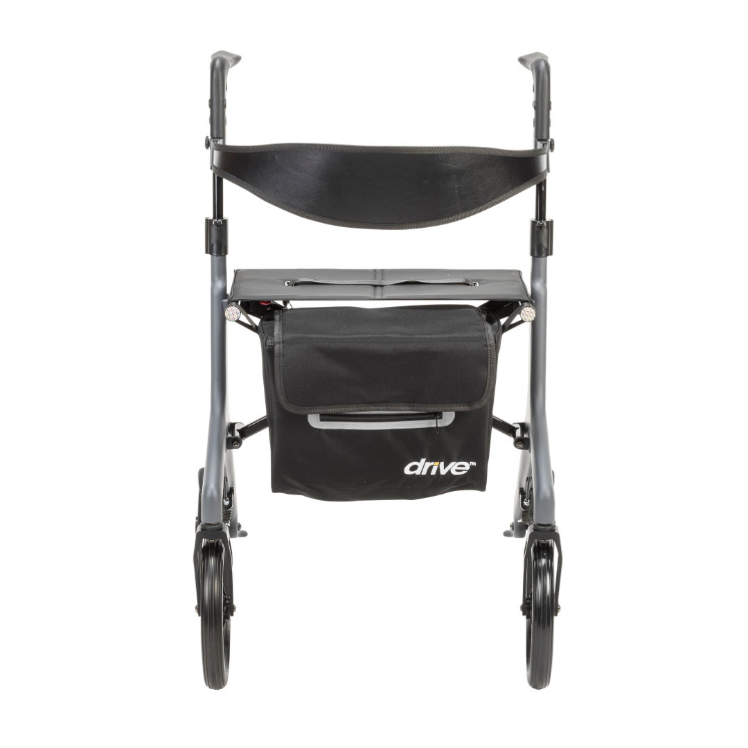 Front view of the Drive AeroCarbon Ultra-Lite Rollator, a black ultra-lightweight model with four wheels, curved seat, backrest, and a storage bag labeled "drive" attached below the seat.