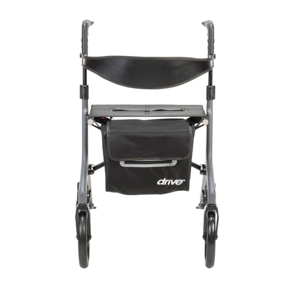 Front view of the Drive AeroCarbon Ultra-Lite Rollator, a black ultra-lightweight model with four wheels, curved seat, backrest, and a storage bag labeled "drive" attached below the seat.