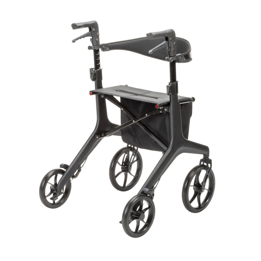 The Drive AeroCarbon Ultra-Lite Rollator is a black, ultra-lightweight walker featuring four large wheels, adjustable handles, a padded seat, and an under-seat storage bag.