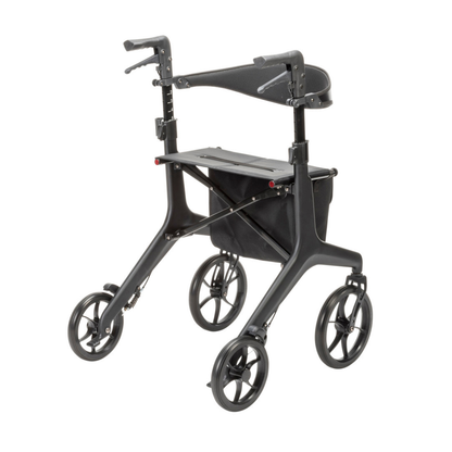 The Drive AeroCarbon Ultra-Lite Rollator is a black, ultra-lightweight walker featuring four large wheels, adjustable handles, a padded seat, and an under-seat storage bag.