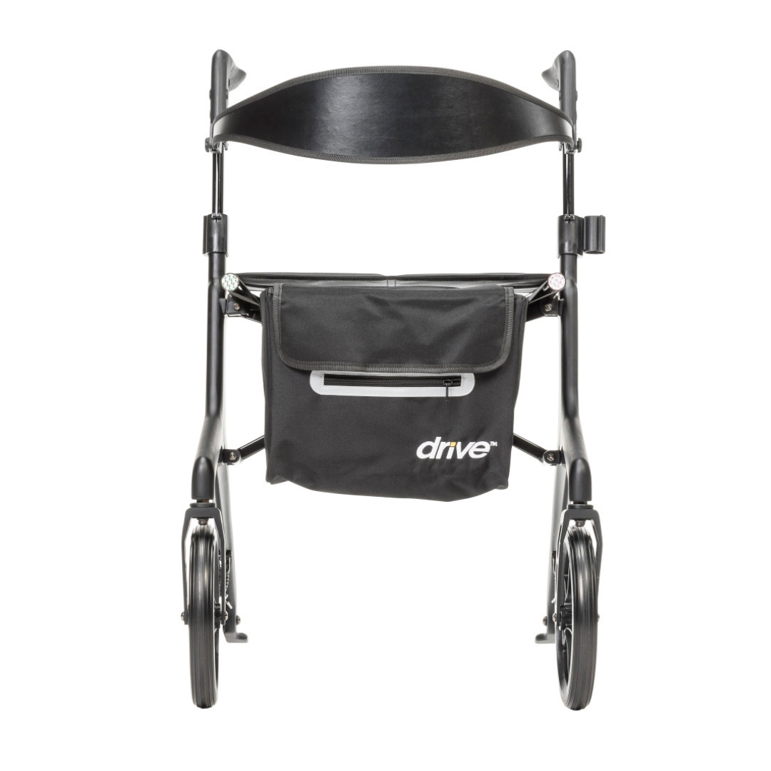 A front view of the Drive AeroCarbon Ultra-Lite Rollator, a black four-wheel rollator walker with a curved backrest and a black storage bag featuring the word "drive" on the front.