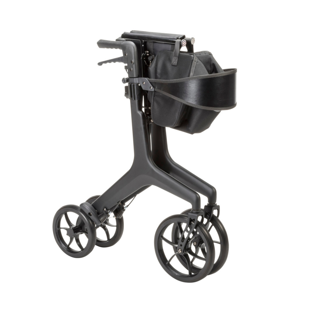 The Drive AeroCarbon Ultra-Lite Rollator is a modern black carbon fiber walker with four large wheels, ergonomic handles, and a detachable front storage bag. Its sleek, ultra-lightweight design makes it easy to maneuver.
