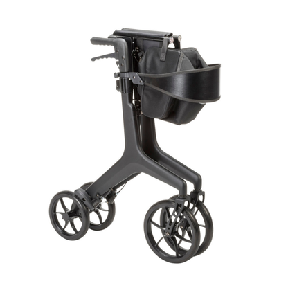 The Drive AeroCarbon Ultra-Lite Rollator is a modern black carbon fiber walker with four large wheels, ergonomic handles, and a detachable front storage bag. Its sleek, ultra-lightweight design makes it easy to maneuver.
