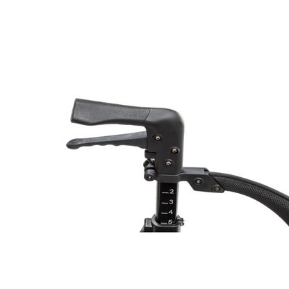 Close-up of a black adjustable handlebar with brake lever on the Drive AeroCarbon Ultra-Lite Rollator, showing height measurements from -5 to 0, set against a white background.