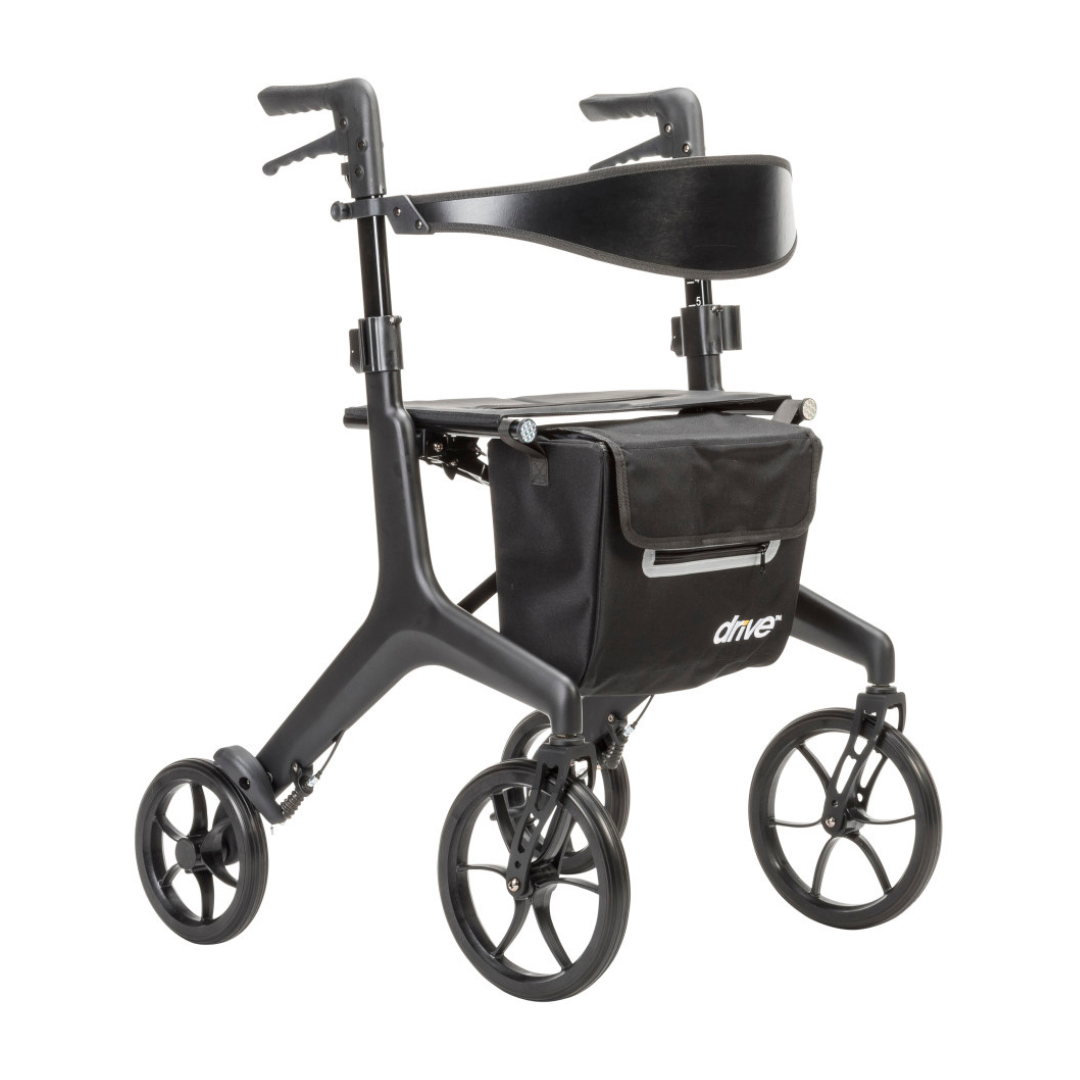The Drive AeroCarbon Ultra-Lite Rollator is a black, ultra-lightweight rollator with four wheels, ergonomic handles, a built-in seat, and a front storage pouch labeled "drive.